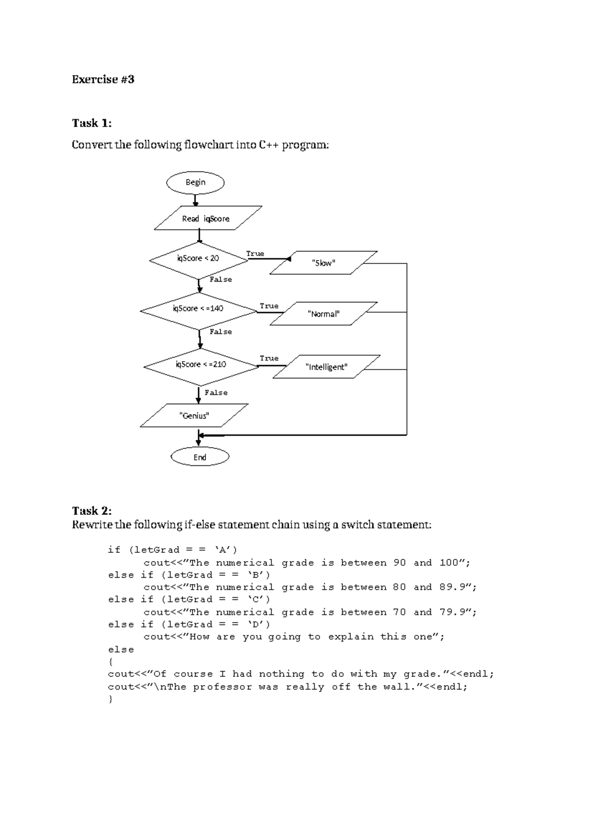 Exercise 3 - Exercise Task 1: Convert the following flowchart into C++ ...