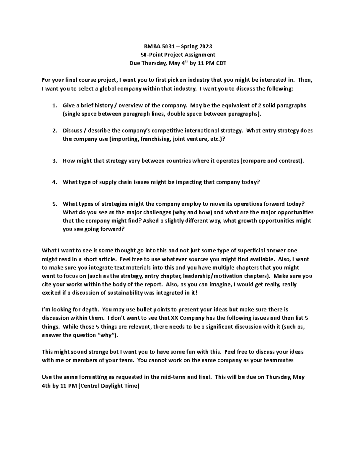 2023 Spring Final Project - BMBA 5031 – Spring 2023 50-Point Project ...