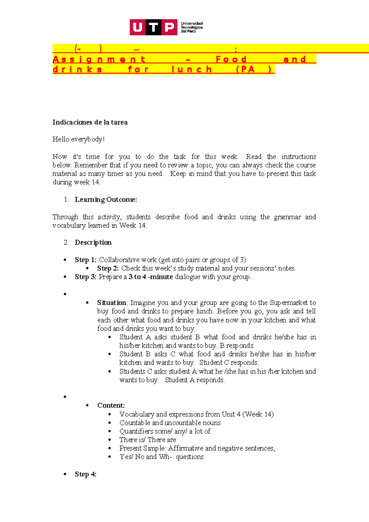🔴 (AC-S14) Week 14 – Speaking Task Assignment – Food and drinks for ...