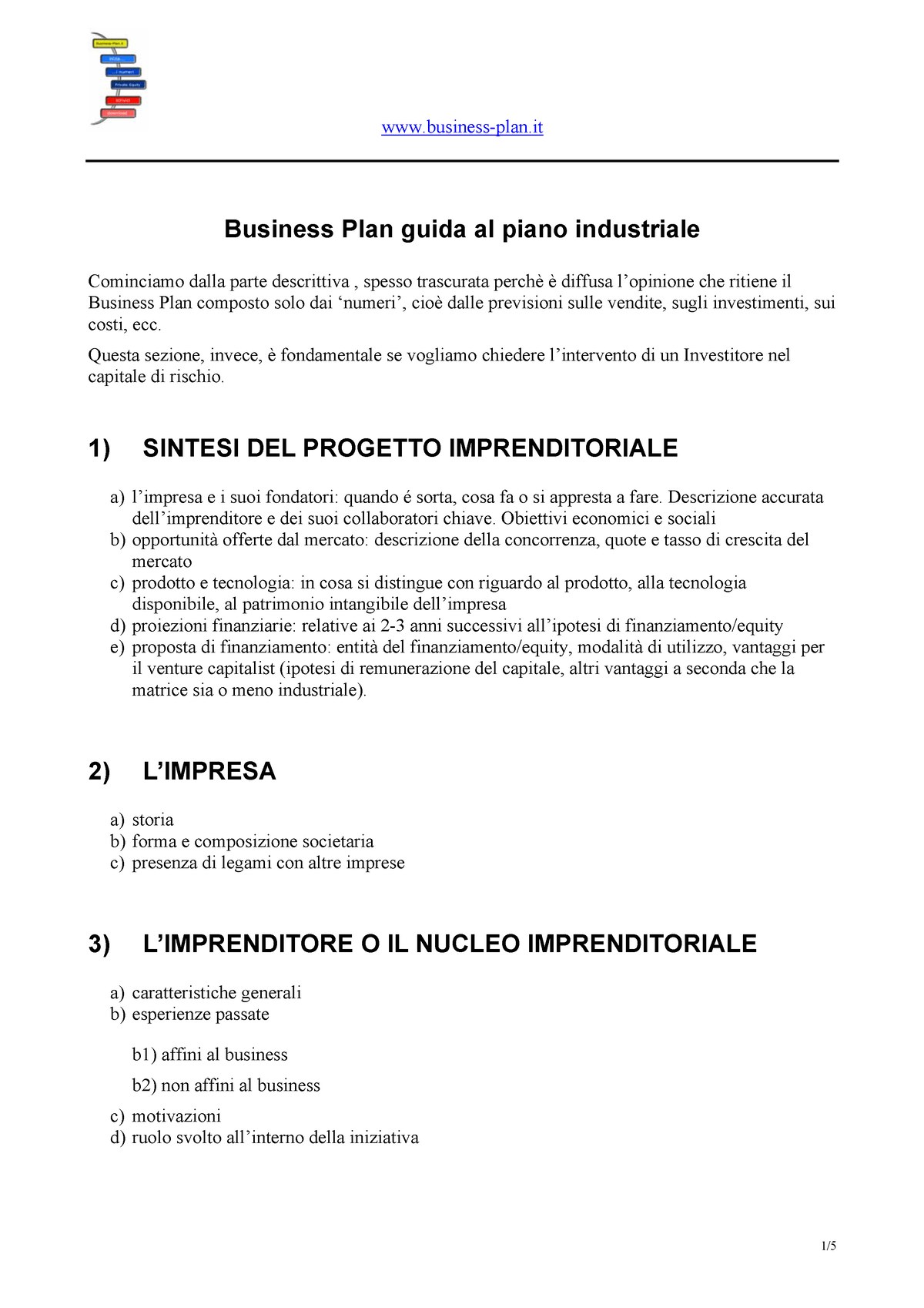 piano industriale o business plan