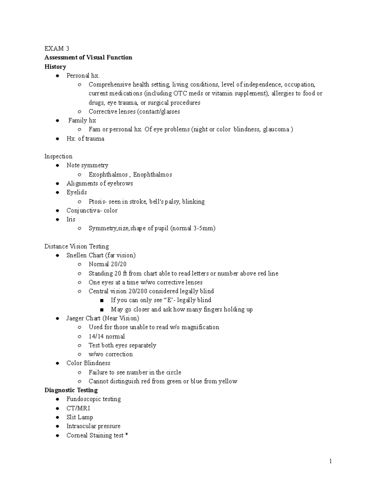 N 300 EXAM 3 - Assessment of Visual Function History Personal hx ...