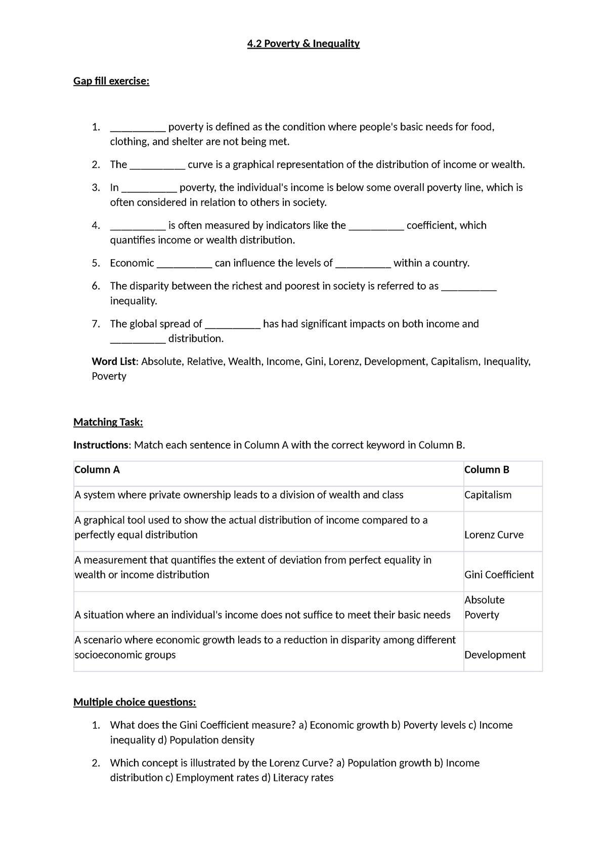 4.2 Poverty and Inequality worksheet - 4 Poverty & Inequality Gap fill ...