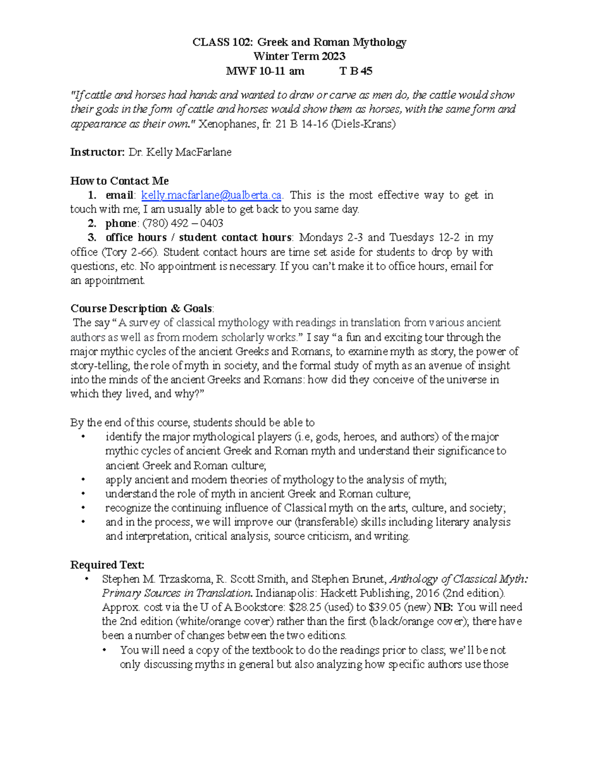 Class 102 Syllabus CLASS 102 Greek and Roman Mythology Winter Term