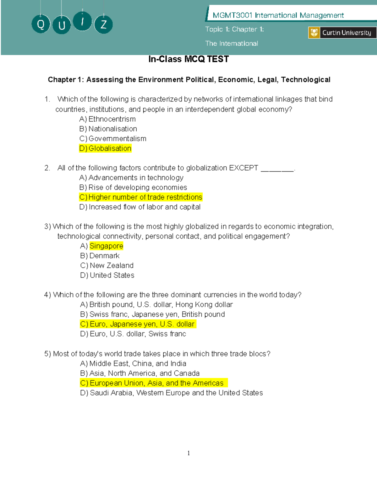 3001 MCQ Chapter 01 - Topic 1: Chapter 1: The International In-Class ...