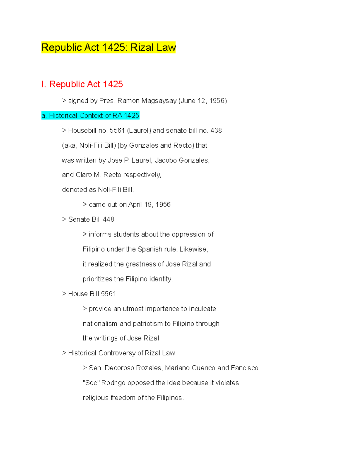 Rizal-LAW - Law - Republic Act 1425: Rizal Law I. Republic Act 1425 ...