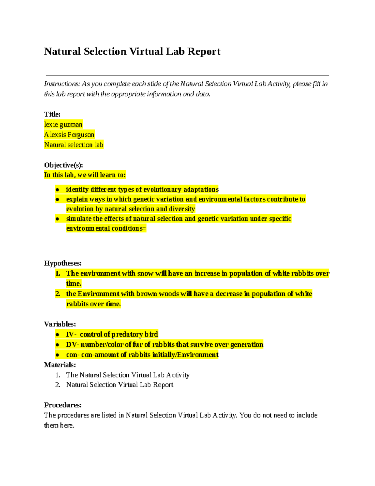 05 02 natural selection lab report - Google Docs - Natural Selection 