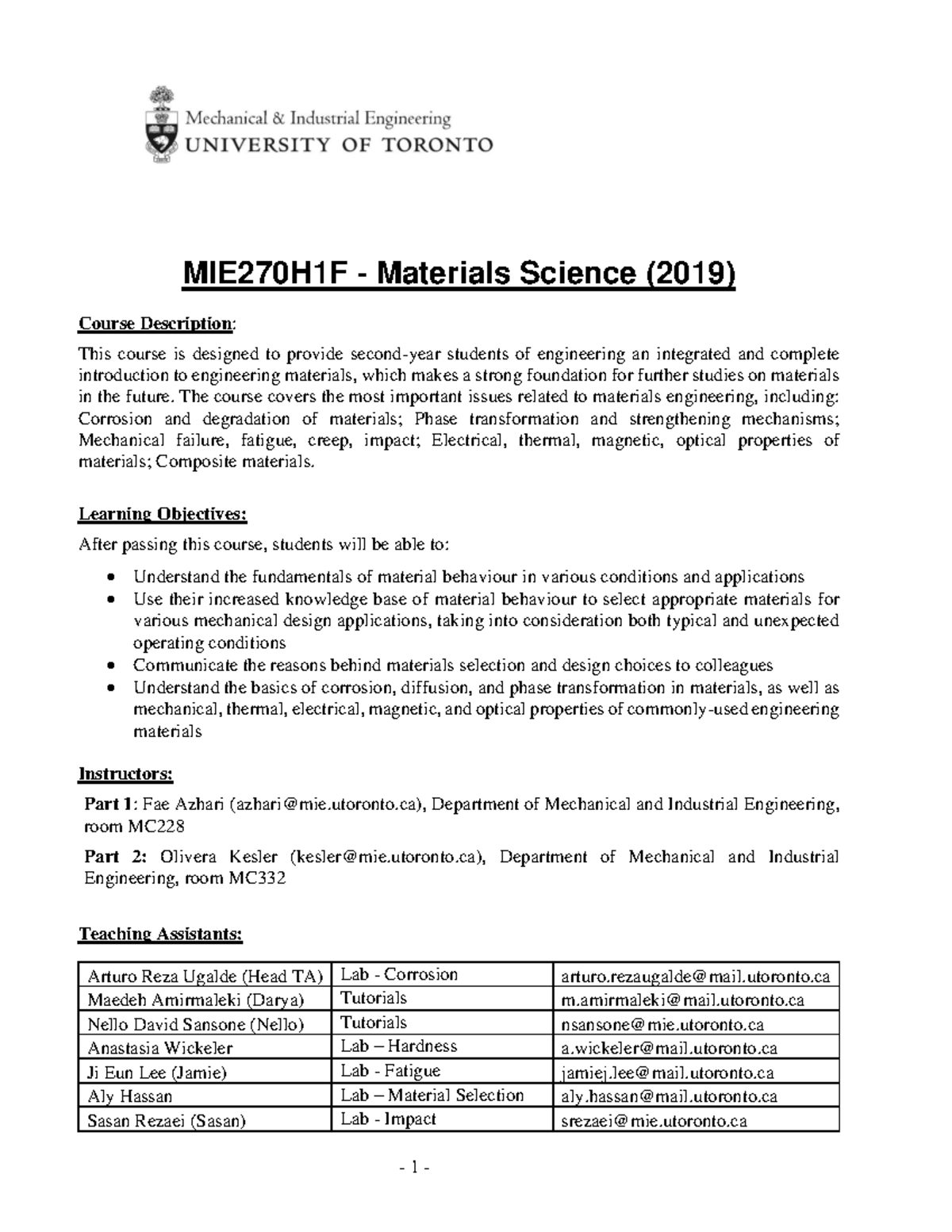 MIE270H1F Materials Science Course Description Studocu