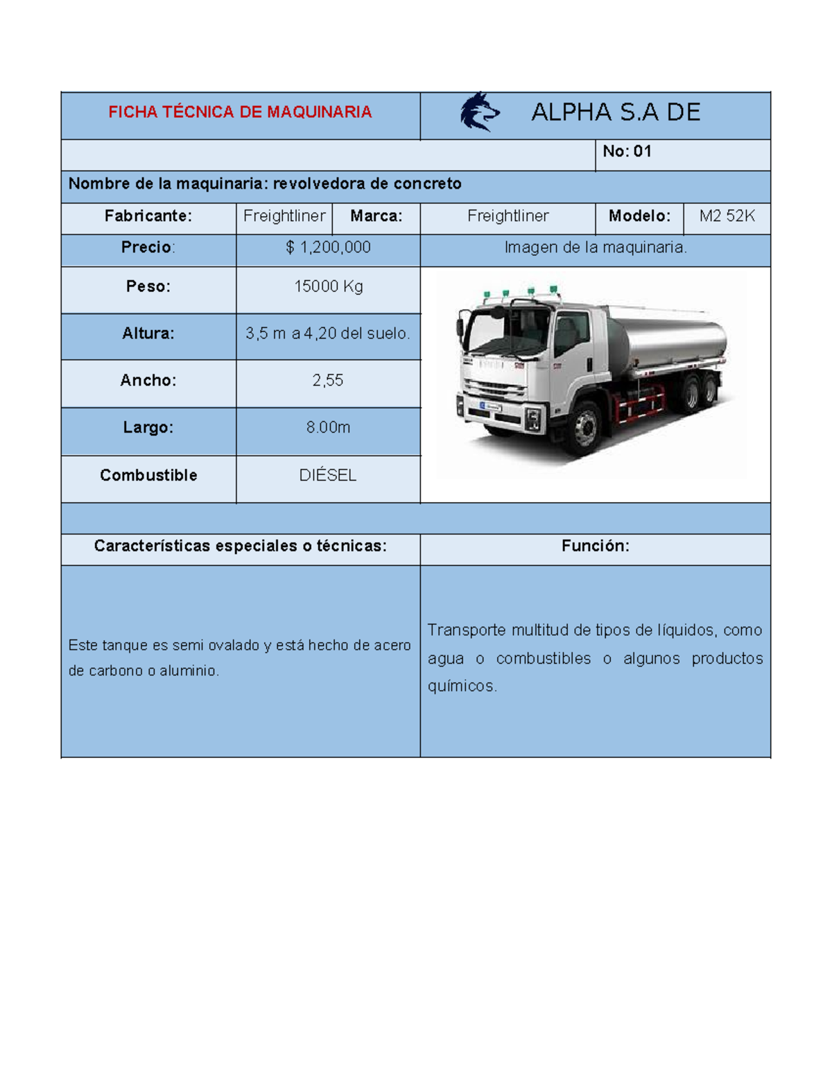 Camion cisterna - ficha tecnica - FICHA TÉCNICA DE MAQUINARIA No: 01 ...