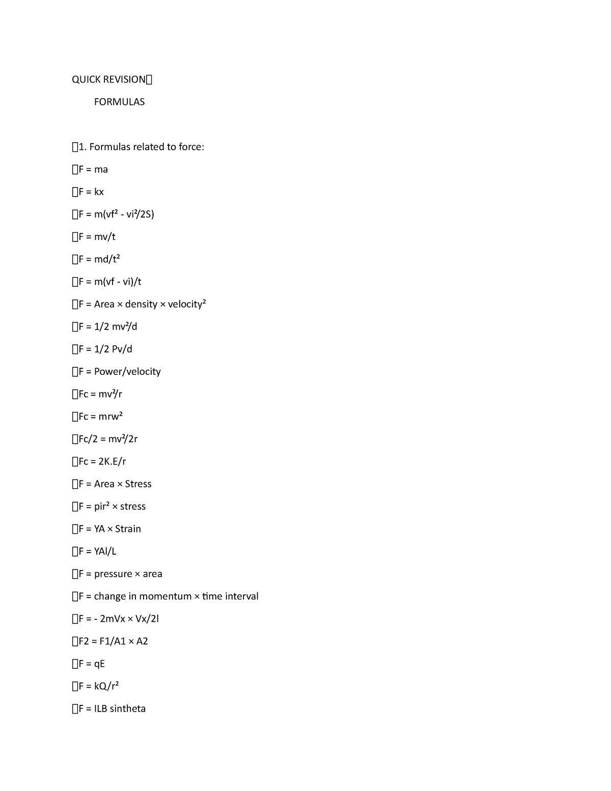 Physics Force Formulas - QUICK REVISION⏰ FORMULAS ⏰1. Formulas related ...