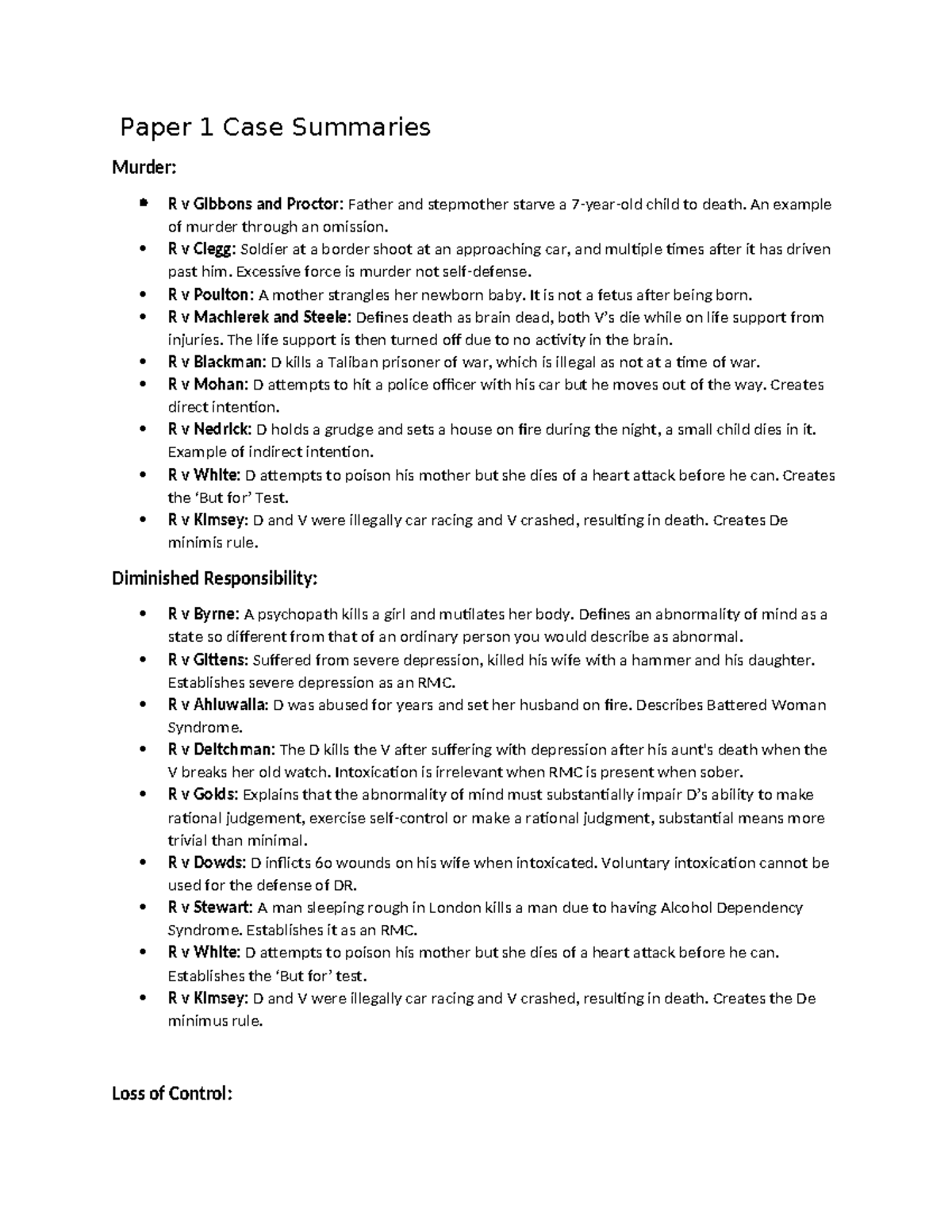 Law case summaries Paper 1 Case Summaries Murder R v Gibbons and