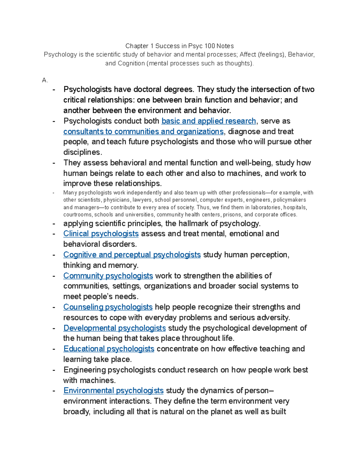 Chapter 1 Success in Psyc 100 Notes - Chapter 1 Success in Psyc 100 ...