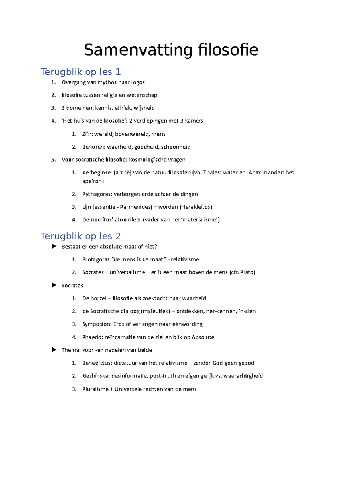 Samenvatting Filosofie - Samenvatting Filosofie Terugblik Op Les 1 ...