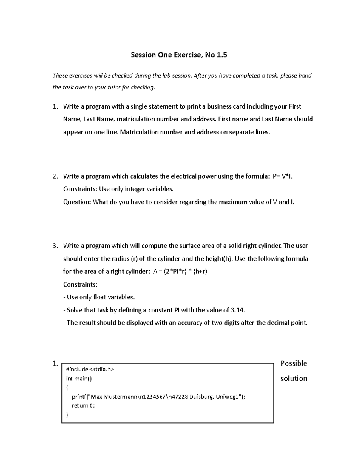 Exercise 1-5 Solution - Lab - Session One Exercise, No 1. These ...