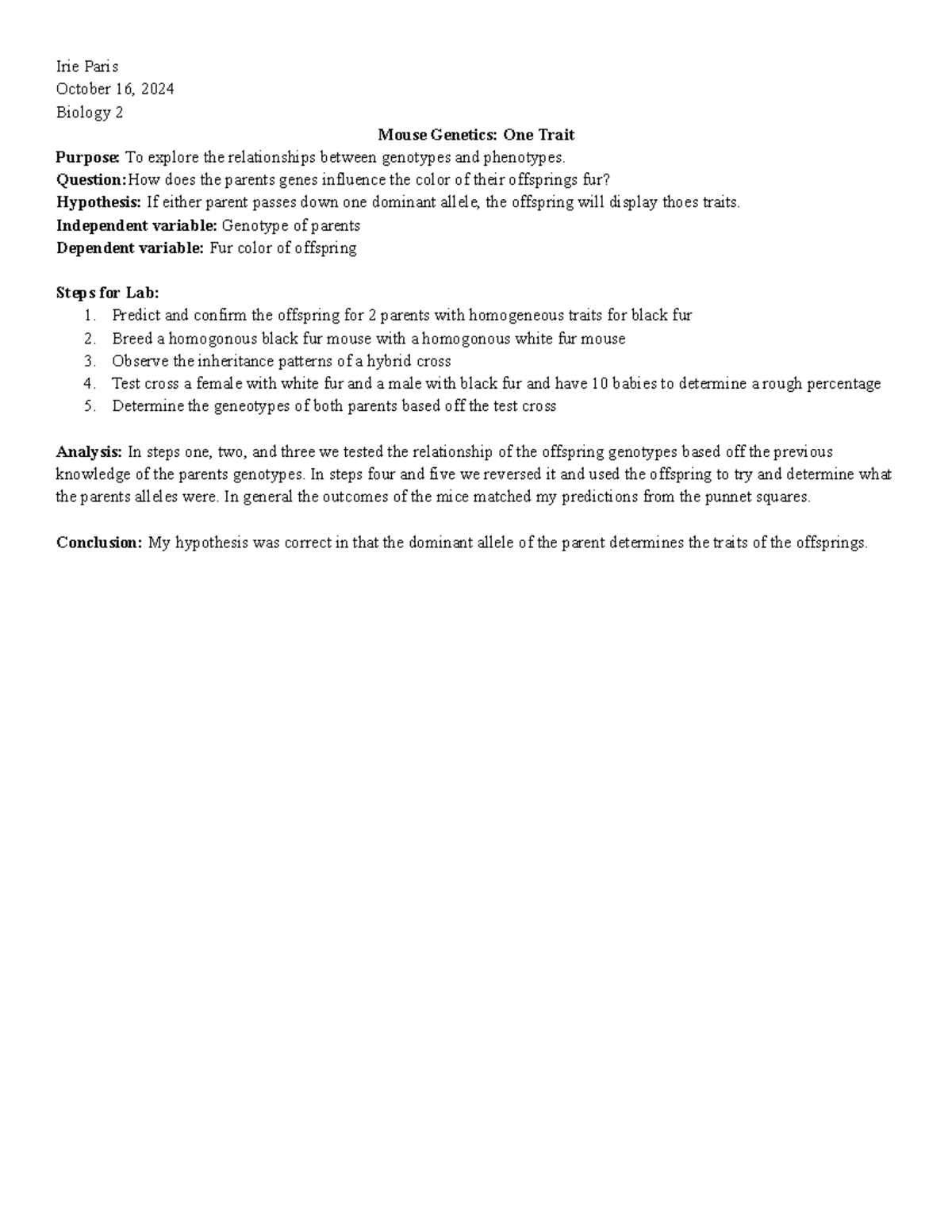 Mouse lab report Irie Paris October 16, 2024 Biology 2 Mouse
