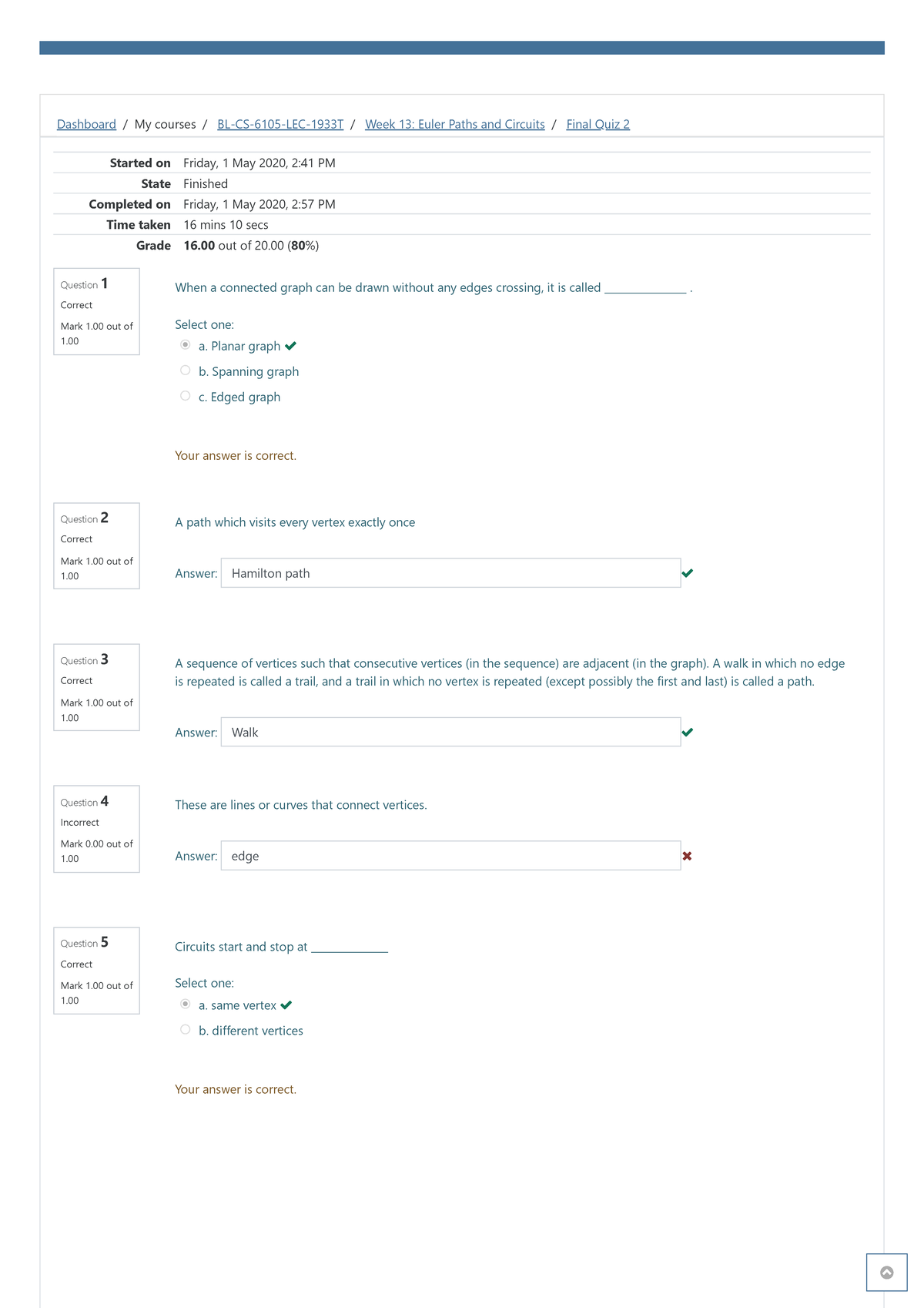 Final Quiz 2 Attempt review - Dashboard / My courses / BL-CS-6105-LEC ...