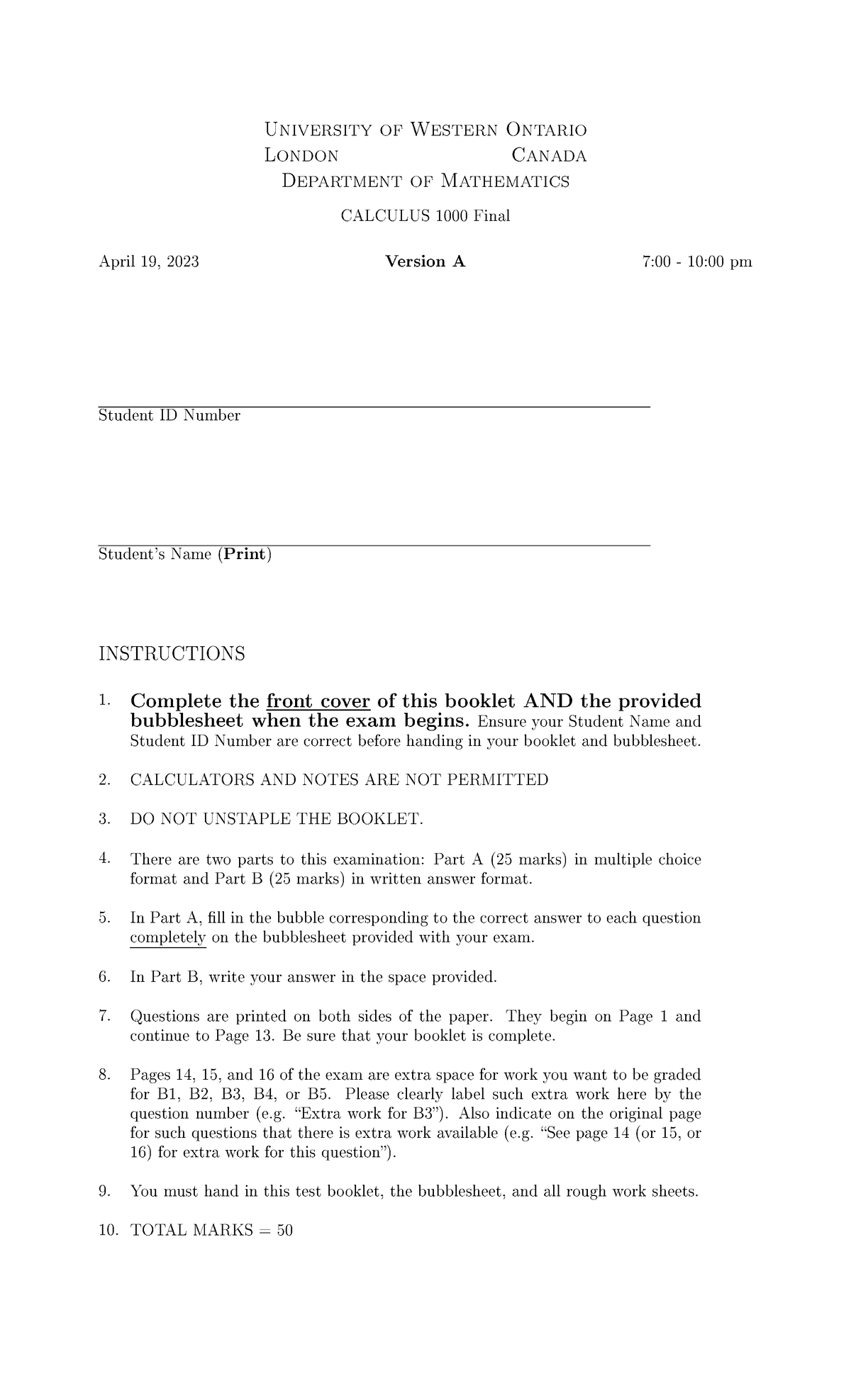 PF W23 - test 1 - University of Western Ontario London Canada ...