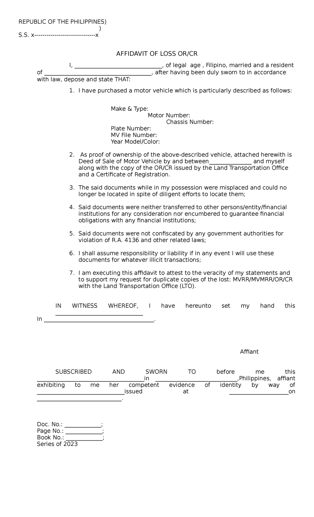 Affidavit OF LOSS Blank - REPUBLIC OF THE PHILIPPINES) ) S. x-x ...