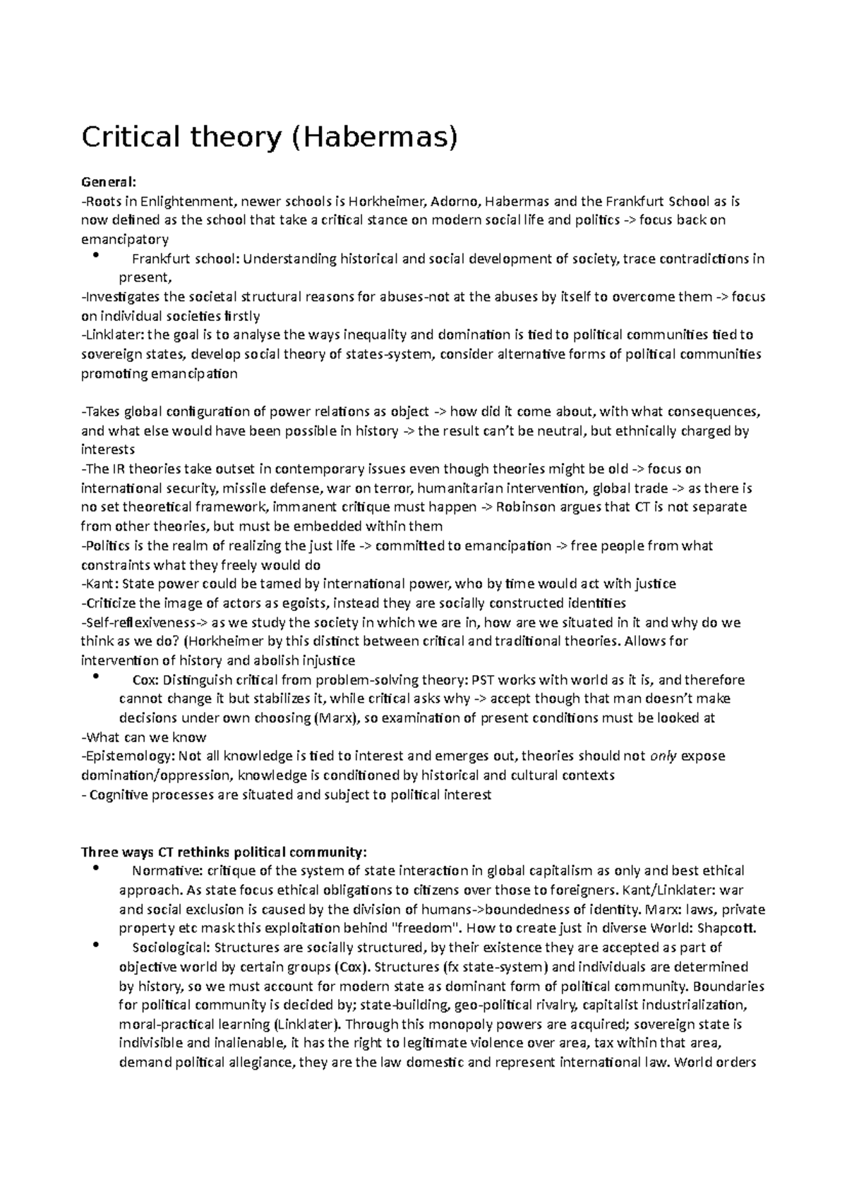Critical theory class - Critical theory (Habermas) General: -Roots in ...