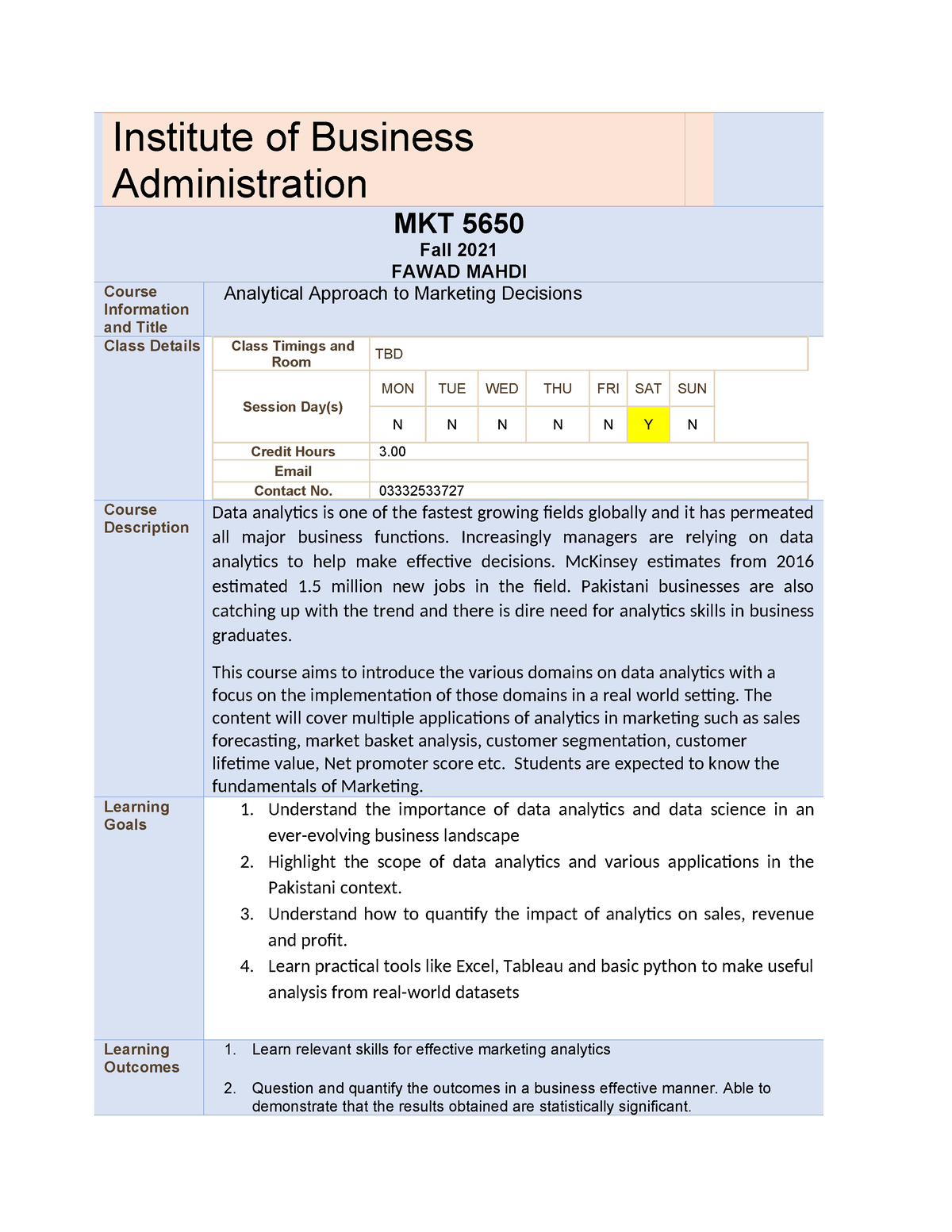 IBA Syllabus AAMD Fawad - Institute Of Business Administration MKT 5650 ...