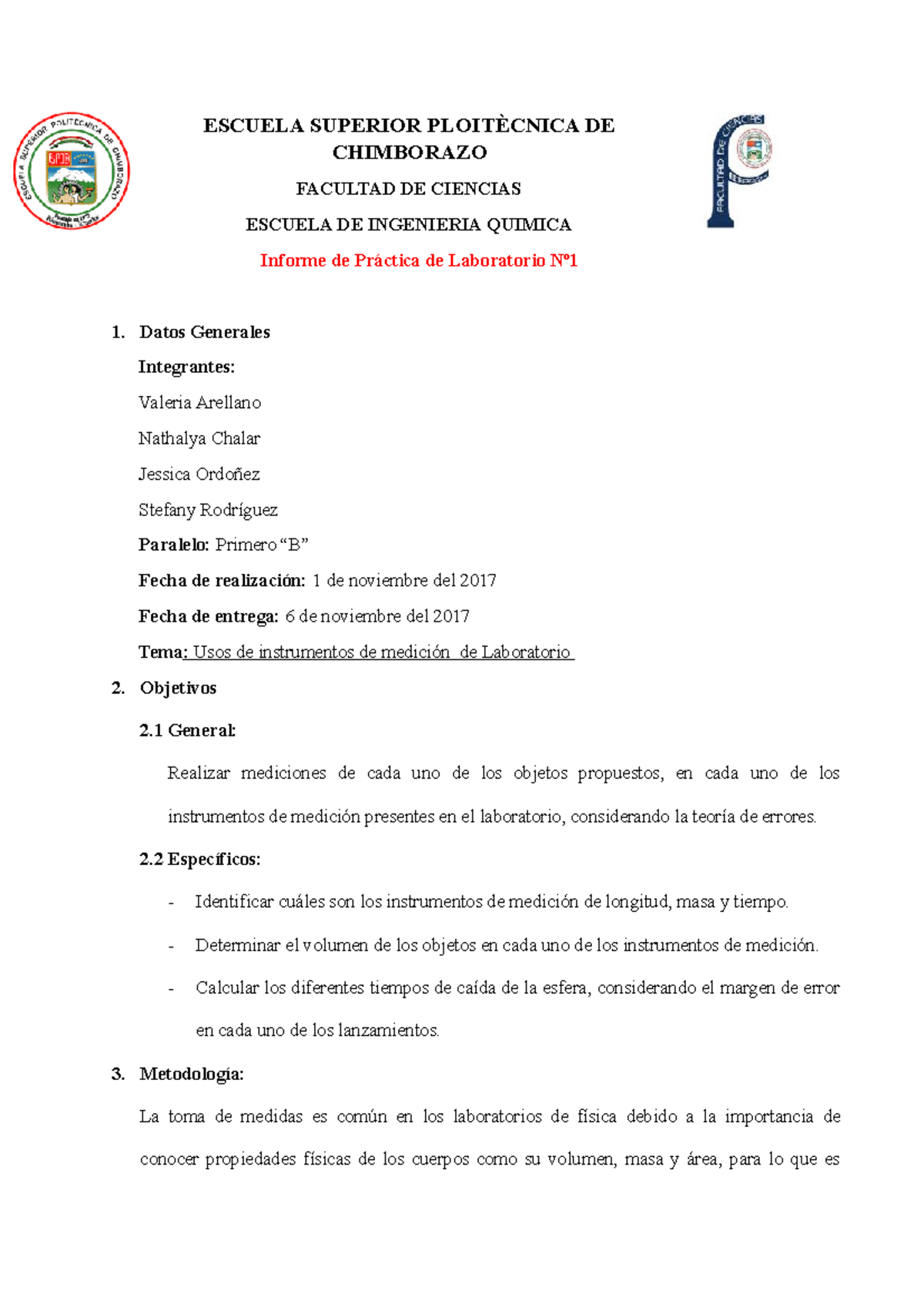 Informe De Laboratorio Fisica 1 Escuela Superior PloitÈcnica De