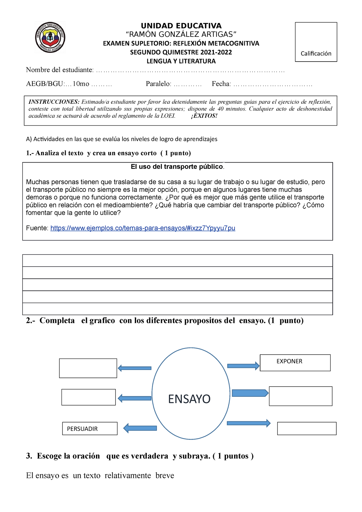 Exámen Supletorio Lengua Y Literatura - UNIDAD EDUCATIVA “RAMÓN ...