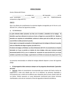 Modelo práctico escrito de prueba ofrecida por la defensa - OFRECE PRUEBAS  Excma. Cámara del Crimen: - Studocu