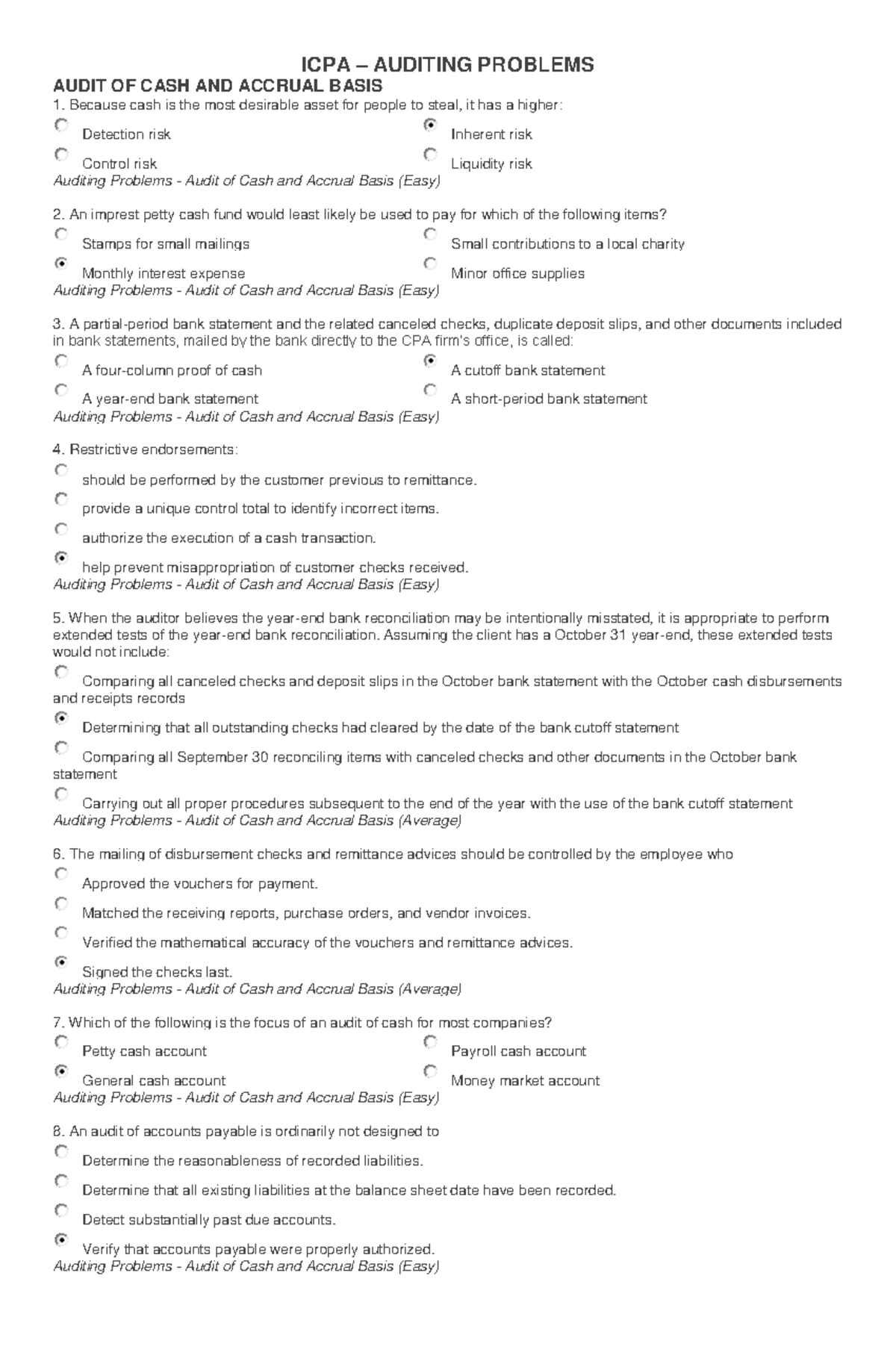ICPA - Auditing Problems - ICPA – AUDITING PROBLEMS AUDIT OF CASH AND ...