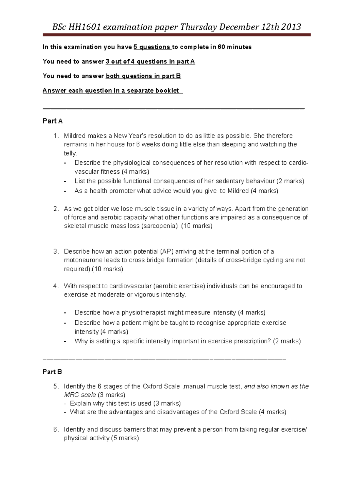 Exam 12 December 2013, questions - BSc HH1601 examination paper ...