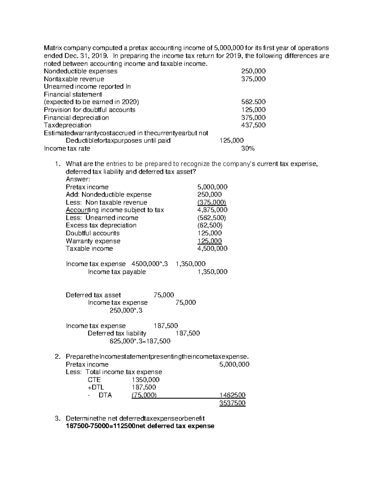 Income tax problem solving - Matrix company computed a pretax ...