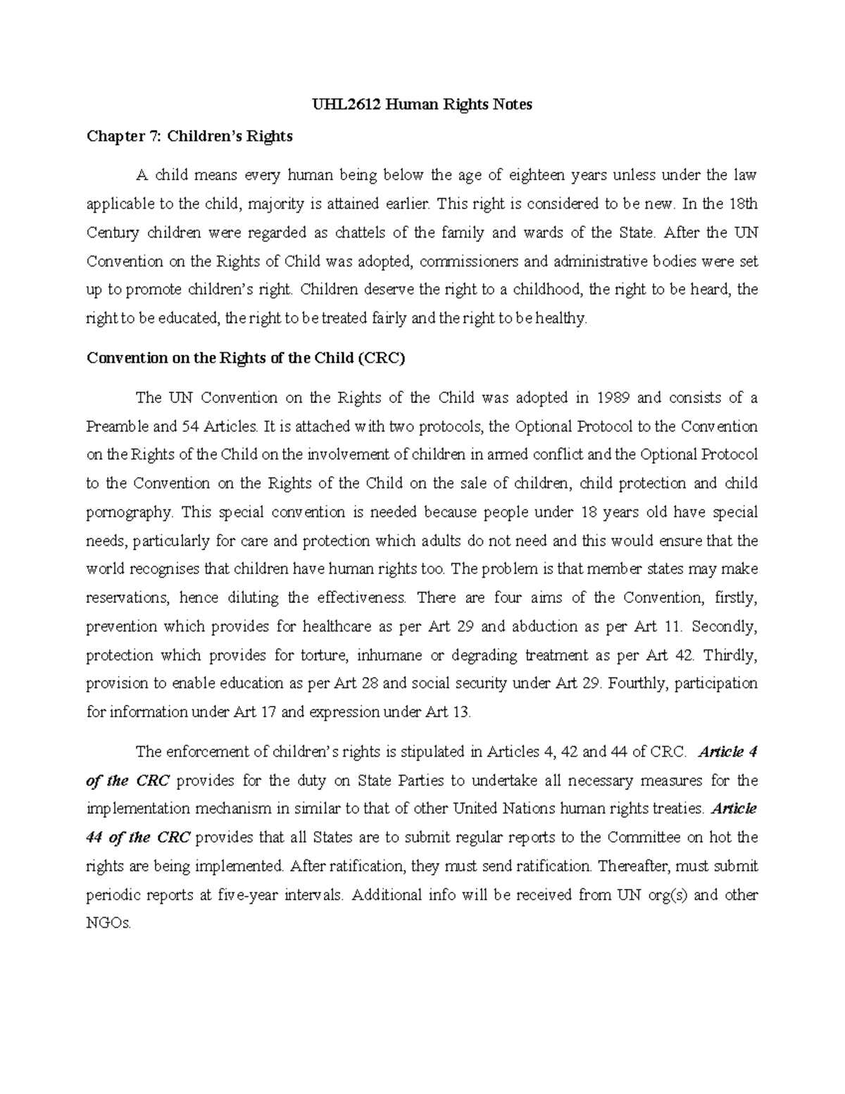 UHL2612 Human Rights Law Notes Chapter 7 - UHL2612 Human Rights Notes ...