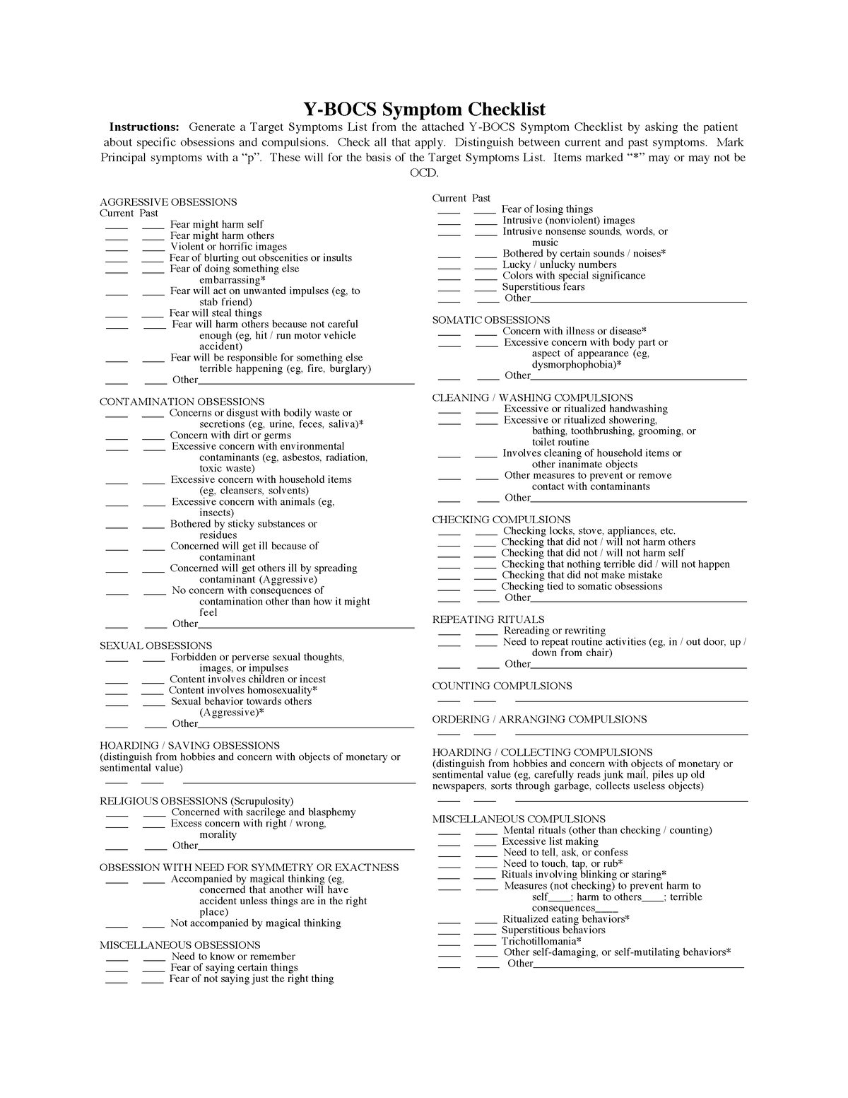 YBOC-checklist-323 - Psychological test for OCD - AGGRESSIVE OBSESSIONS ...