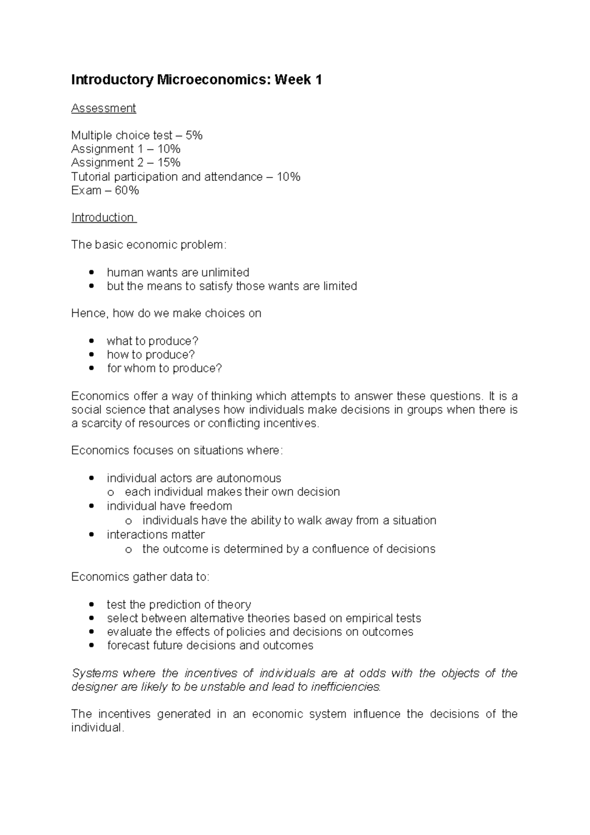Micro Week1 - Summary notes for week 1 - Introductory Microeconomics ...