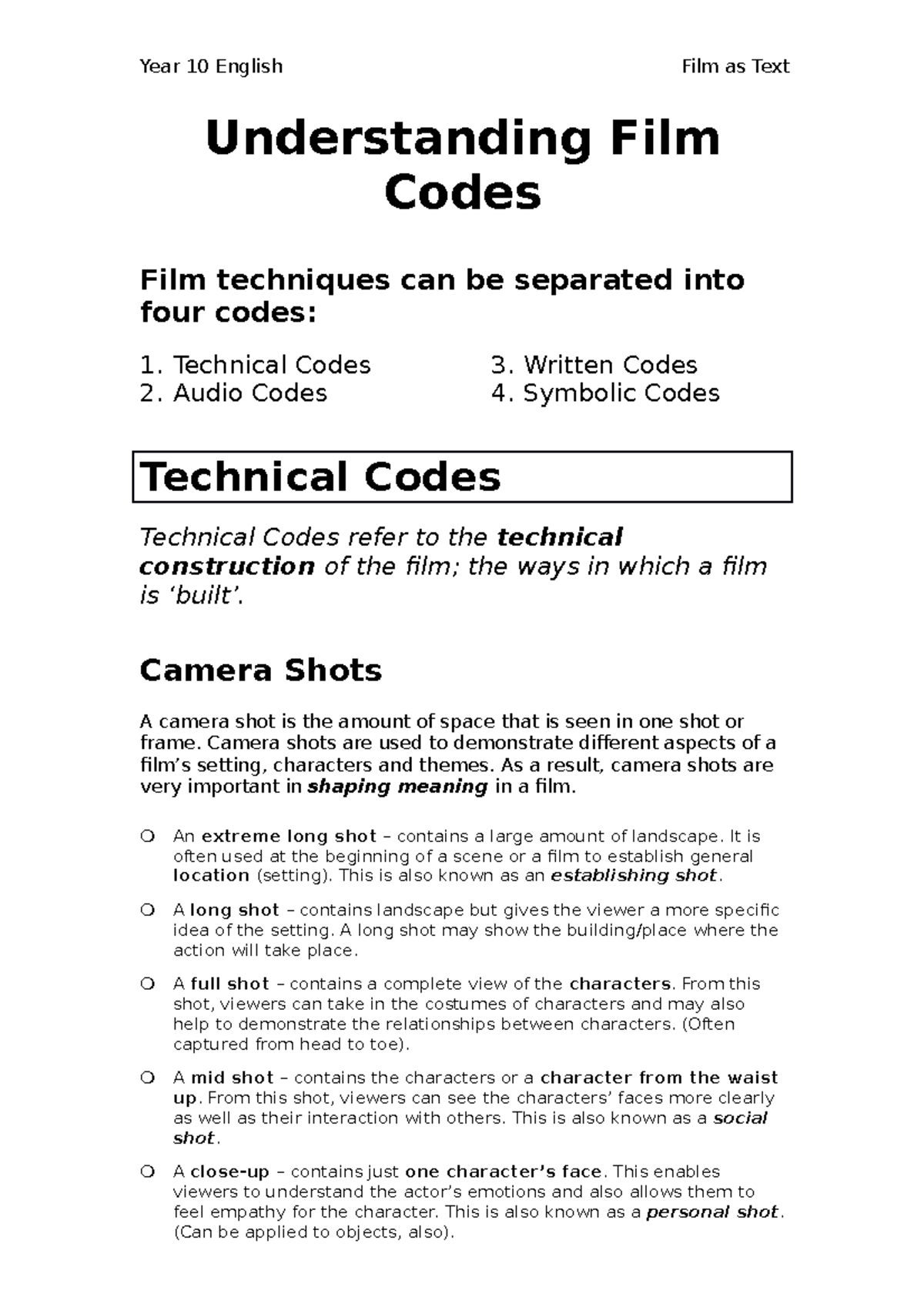 Film as Text Film Codes Understanding Film Codes Film techniques