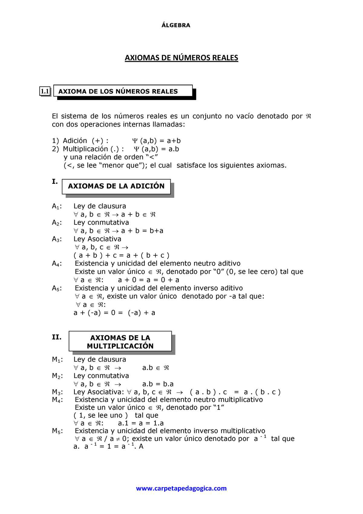 Axiomas DE Numeros Reales - AXIOMA DE LOS NÚMEROS REALES AXIOMAS DE LA ...