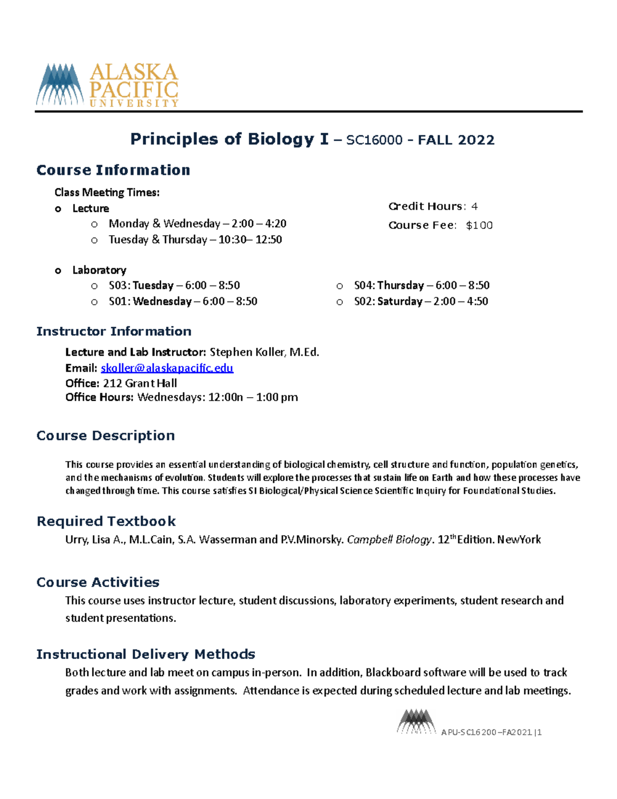 BIOL I Syllabus - FA22 SC16000 - Principles Of Biology I – SC16000 ...