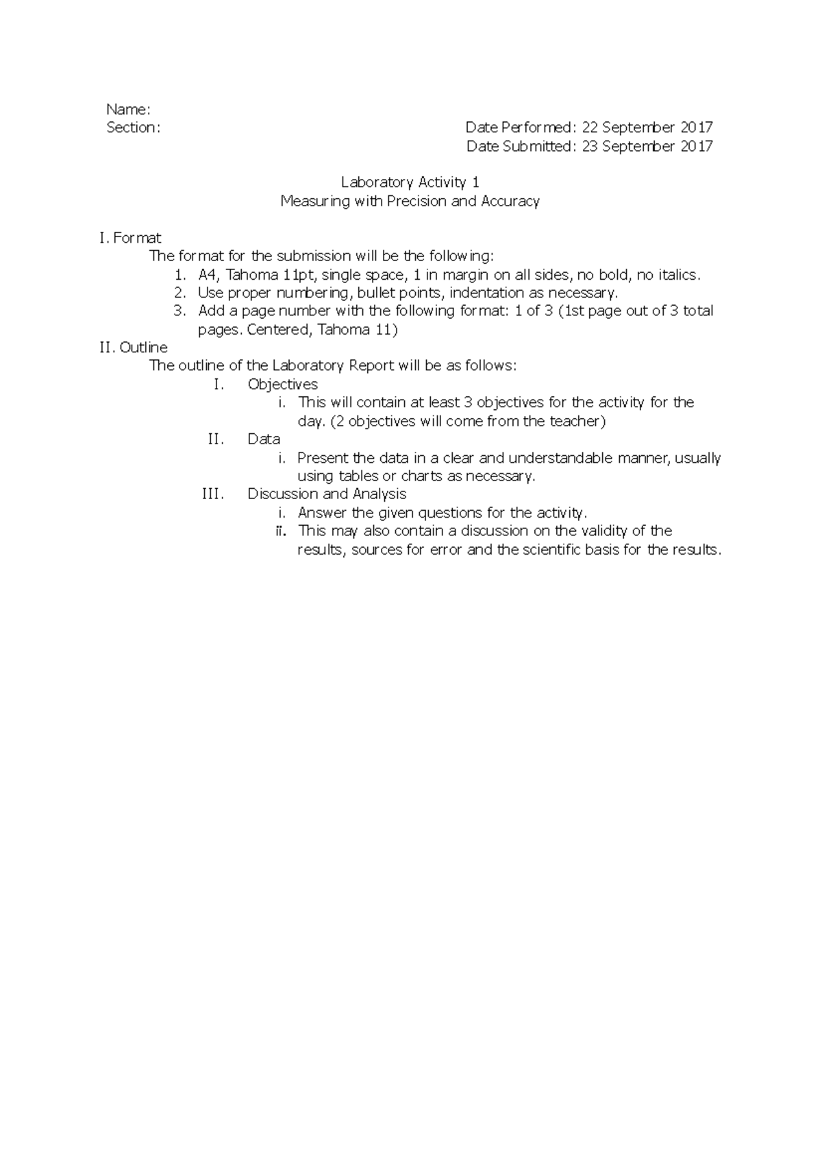 Laboratory Report Format - Name: Section: Date Performed: 22 September ...