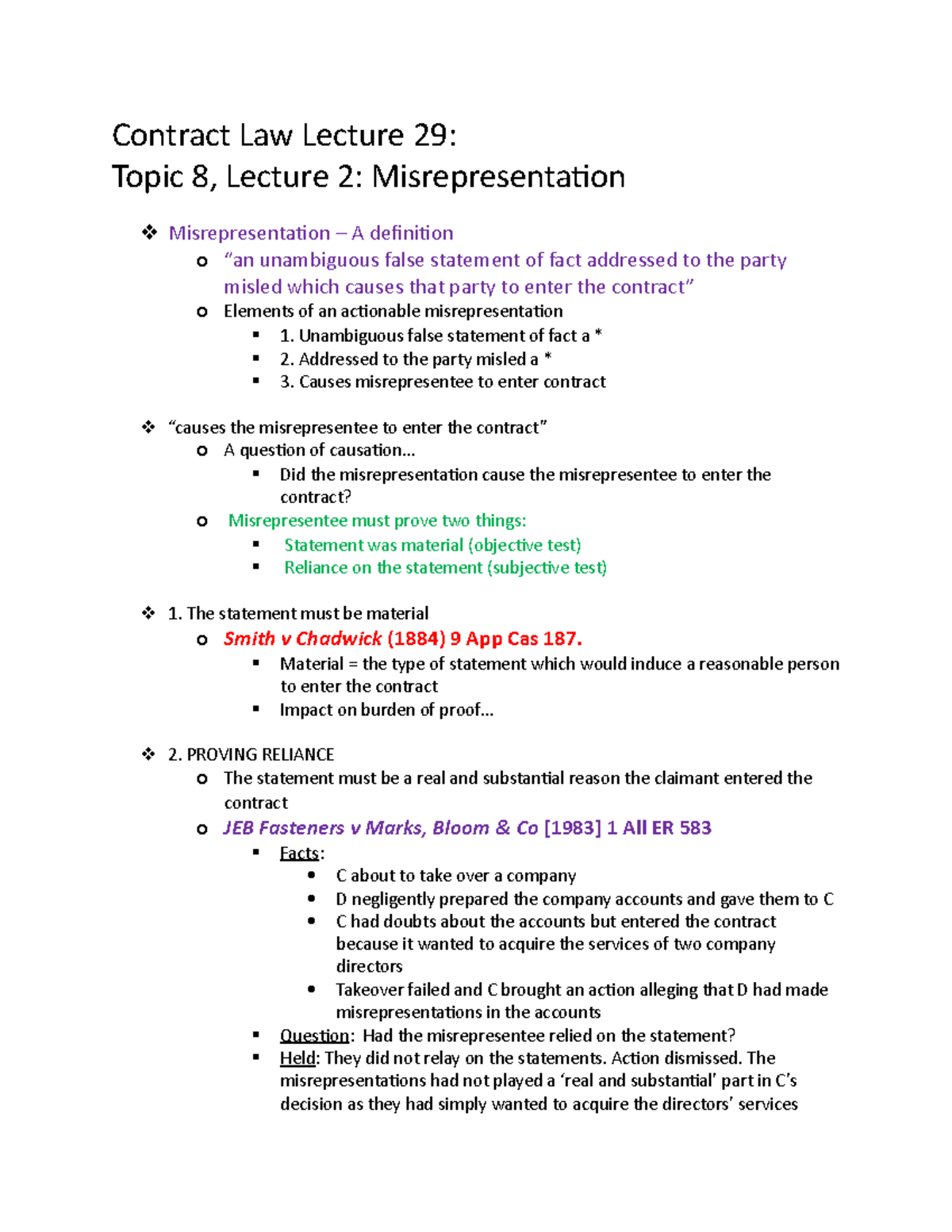 29 - Misrepresentation - Contract Law Lecture 29: Topic 8, Lecture 2 ...