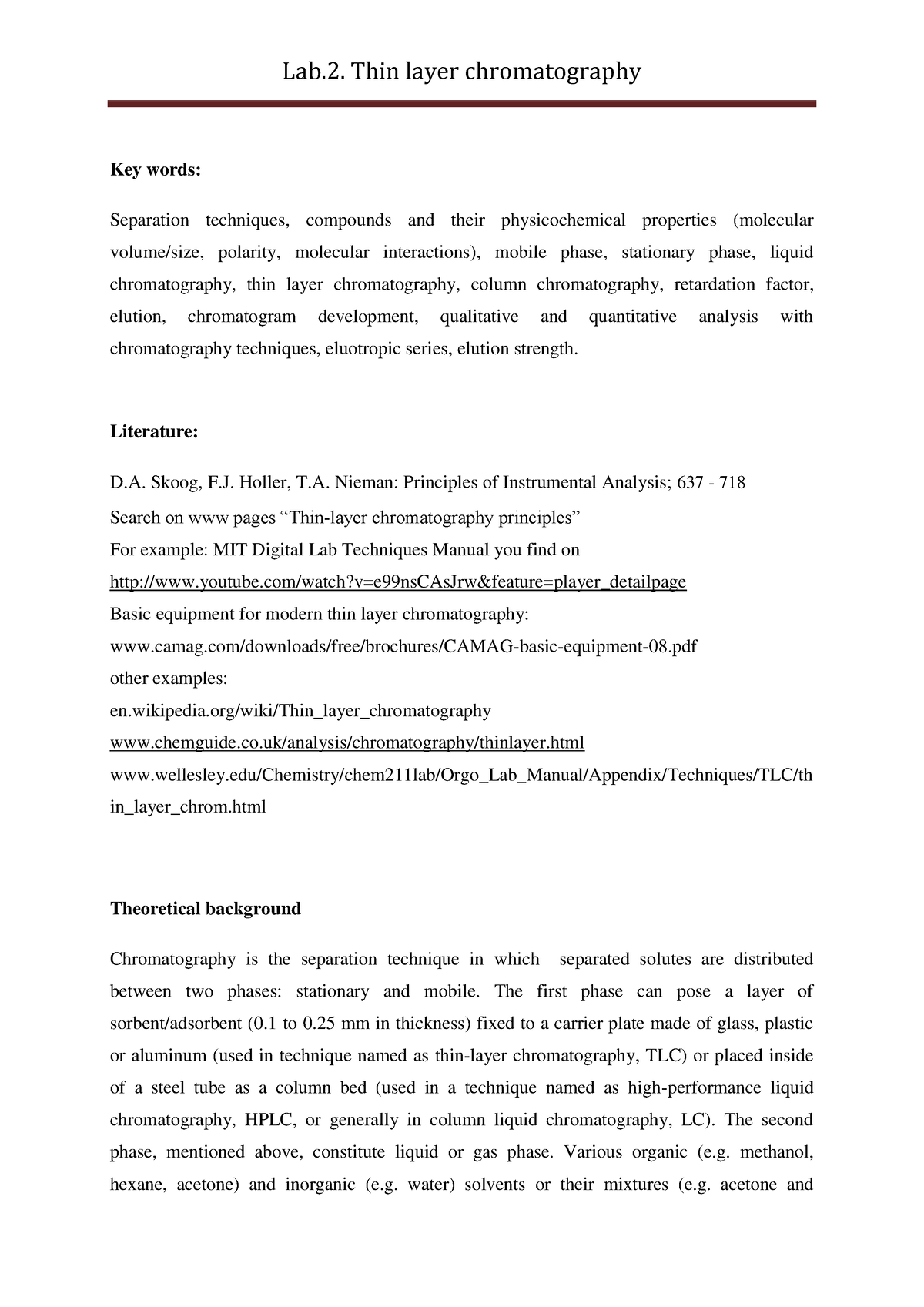 Lab - SUMMARY - Key words: Separation techniques, compounds and their ...