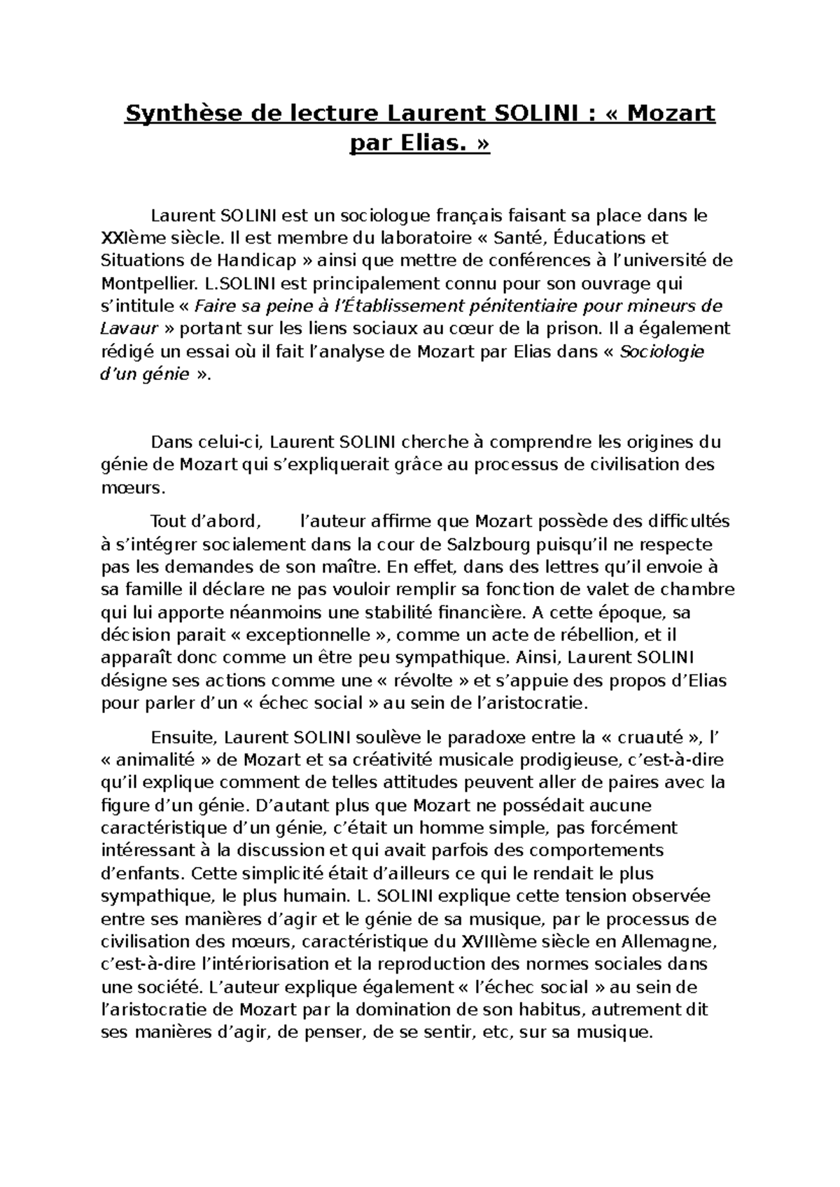 Synthèse Solini - Synthèse de lecture Laurent SOLINI : « Mozart par ...