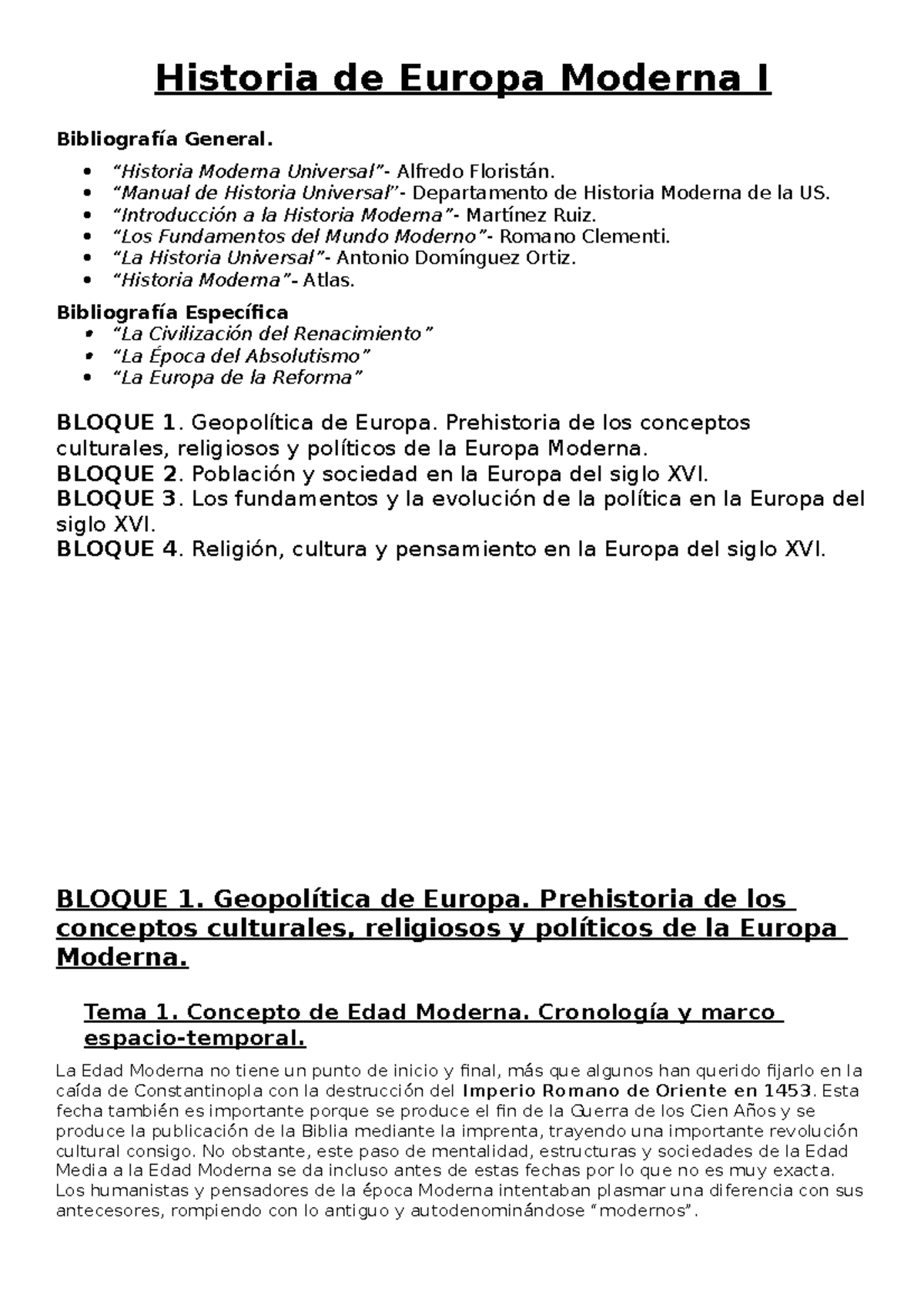 Historia Moderna I - Historia de Europa Moderna I General. Moderna ...
