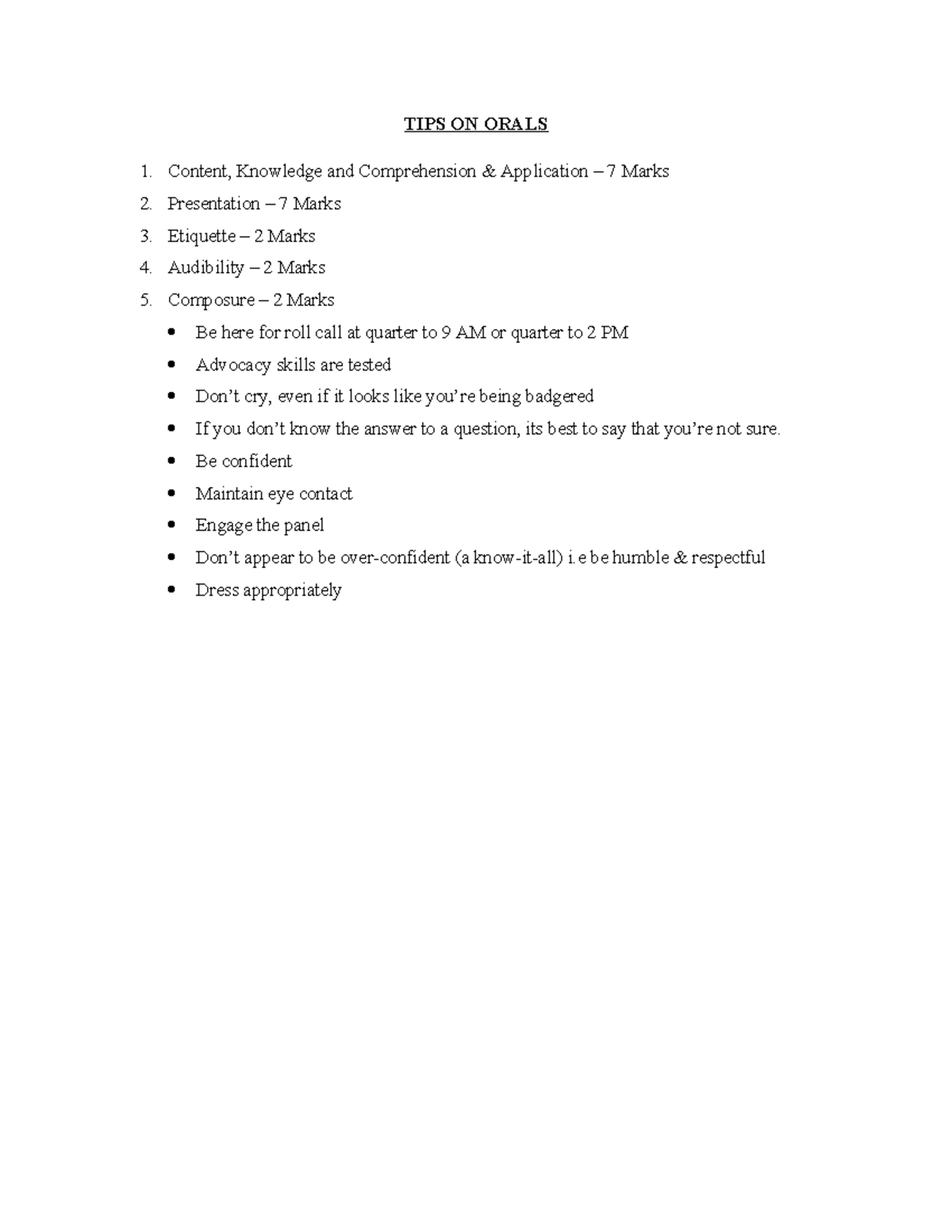 Tips On Orals Tips On Orals Content Knowledge And Comprehension
