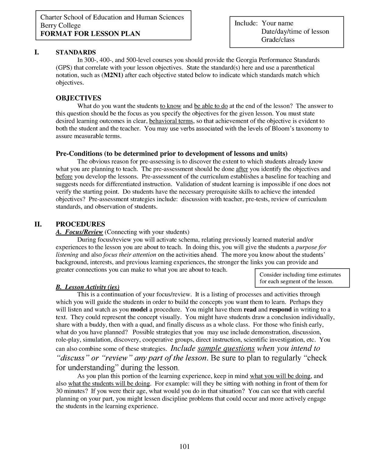 Lesson plan format 101 I. STANDARDS In 300, 400, and 500level