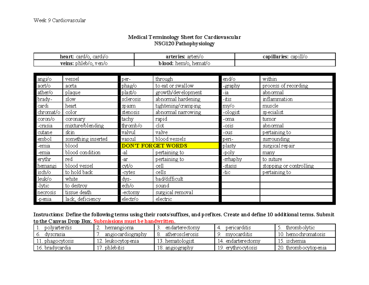 Cardio med terms - Homework - Week 9 Cardiovascular Medical Terminology ...