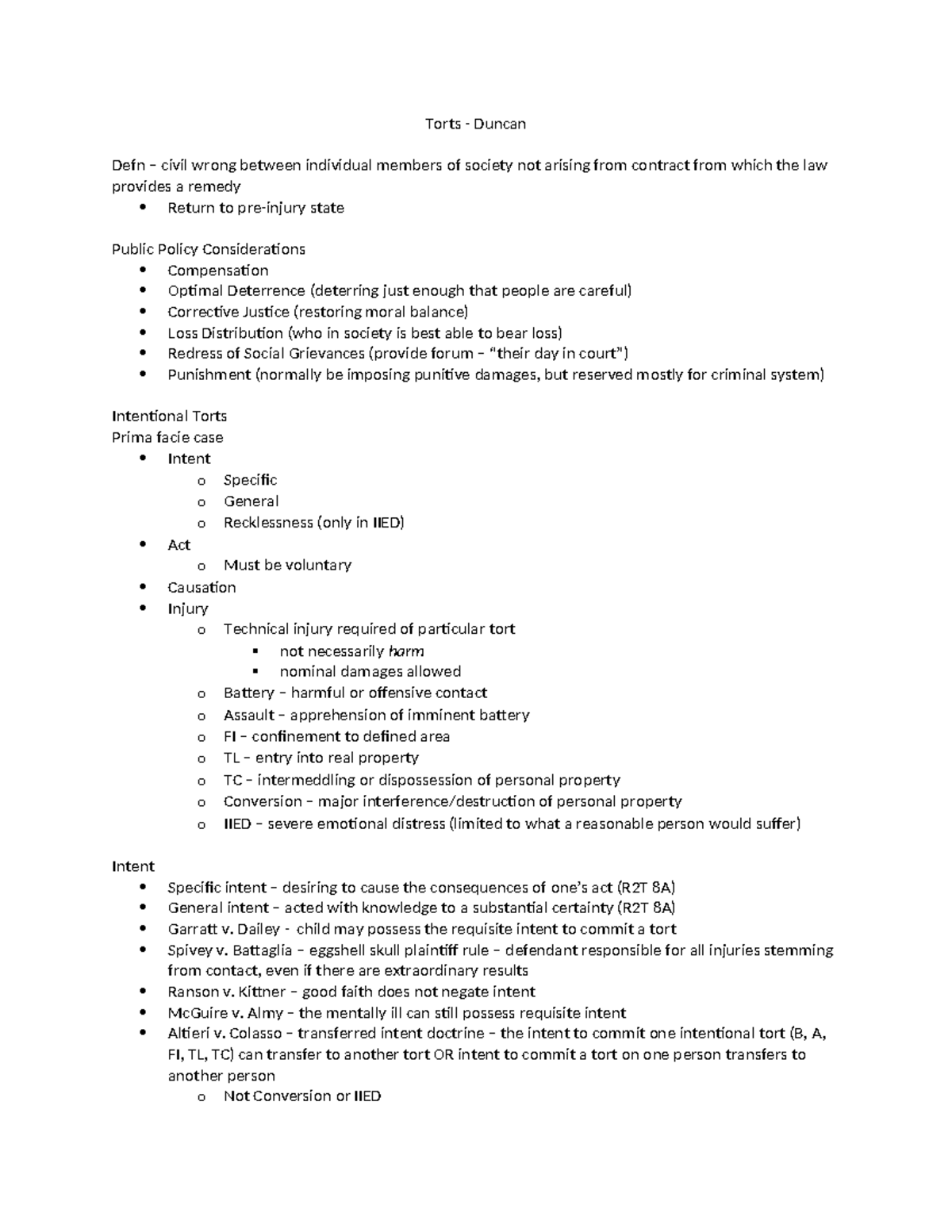 Duncan torts outline - Torts - Duncan Defn – civil wrong between ...