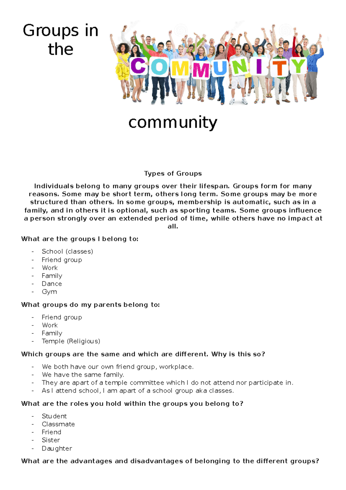 Types of Groups - Groups in the community Types of Groups Individuals ...