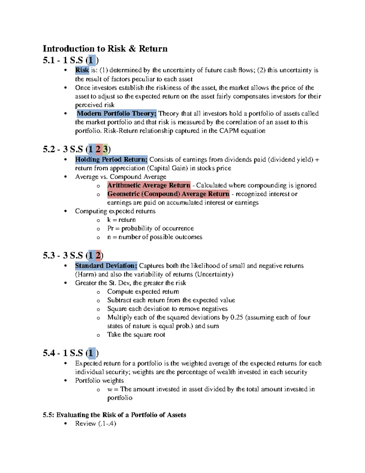 Chapter 5 Textbook Notes - Introduction to Risk & Return 5 - 1 S ( 1 ...