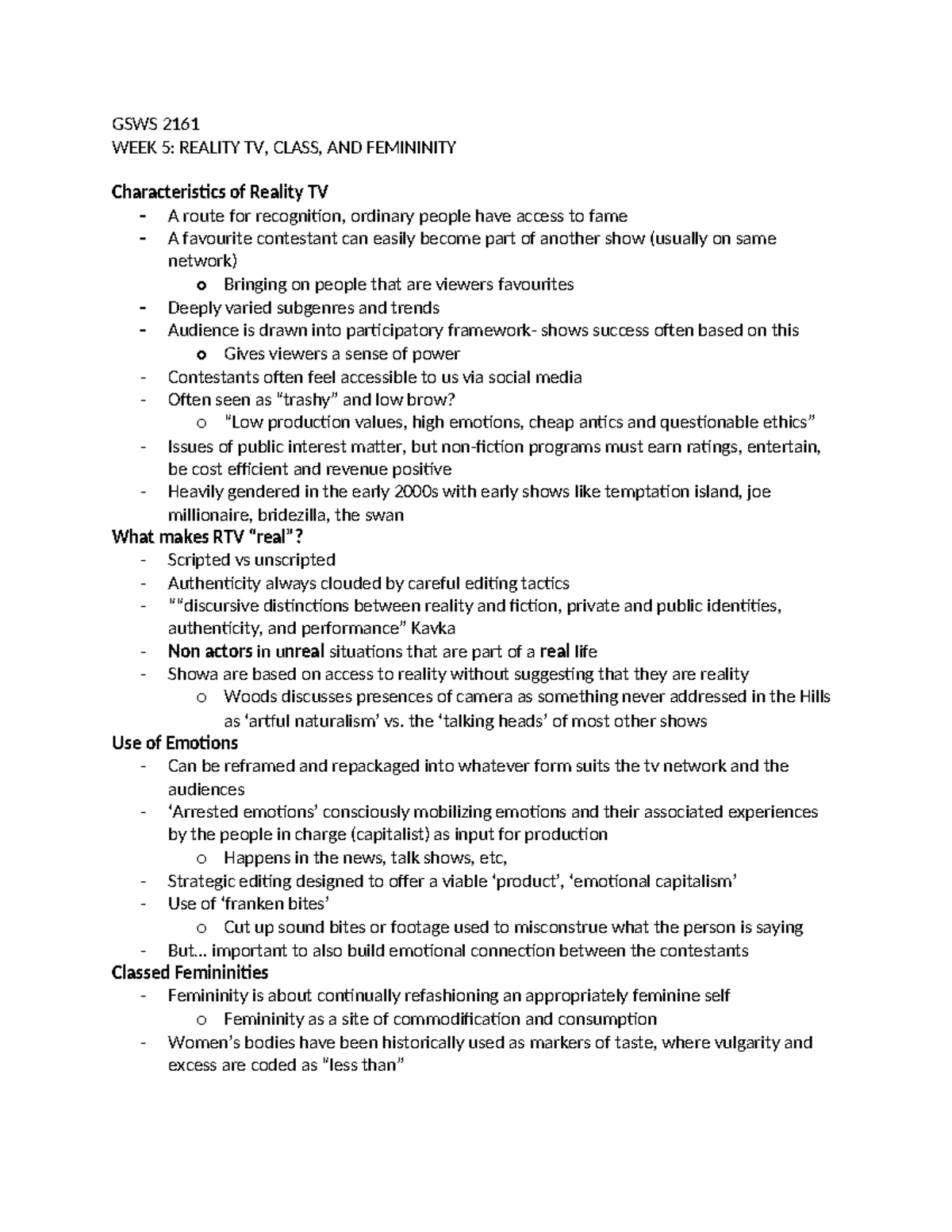 GSWS 2161 Midterms Notes - GSWS 2161 WEEK 5: REALITY TV, CLASS, AND ...
