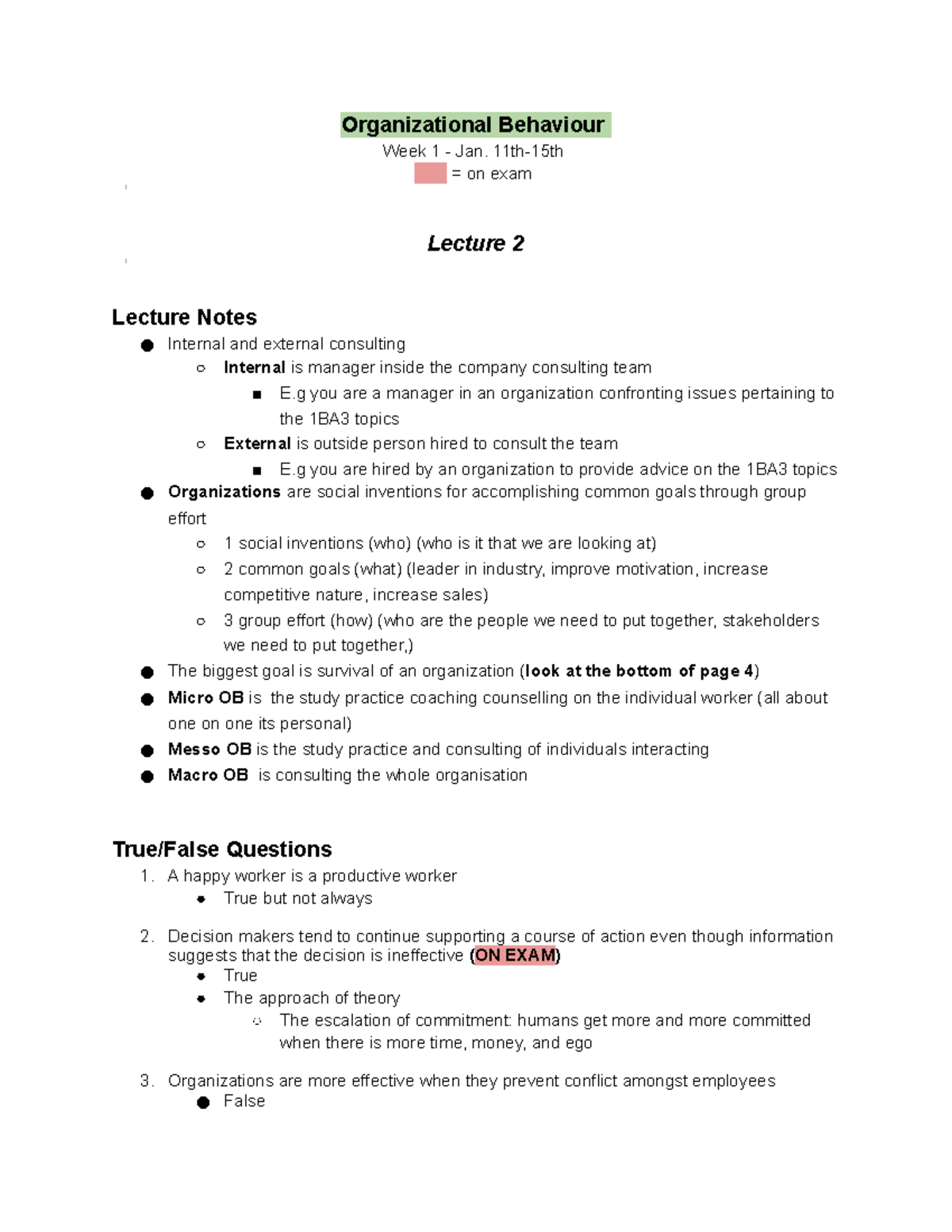 COMM 1BA3 Lectures 2 3 - lecture notes - Organizational Behaviour Week ...