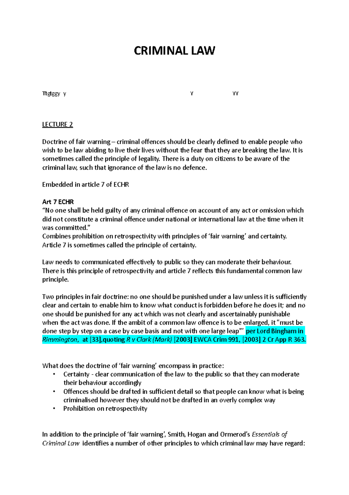 Criminal LAW - Notes - CRIMINAL LAW Ttgtggy y Y YY LECTURE 2 Doctrine ...