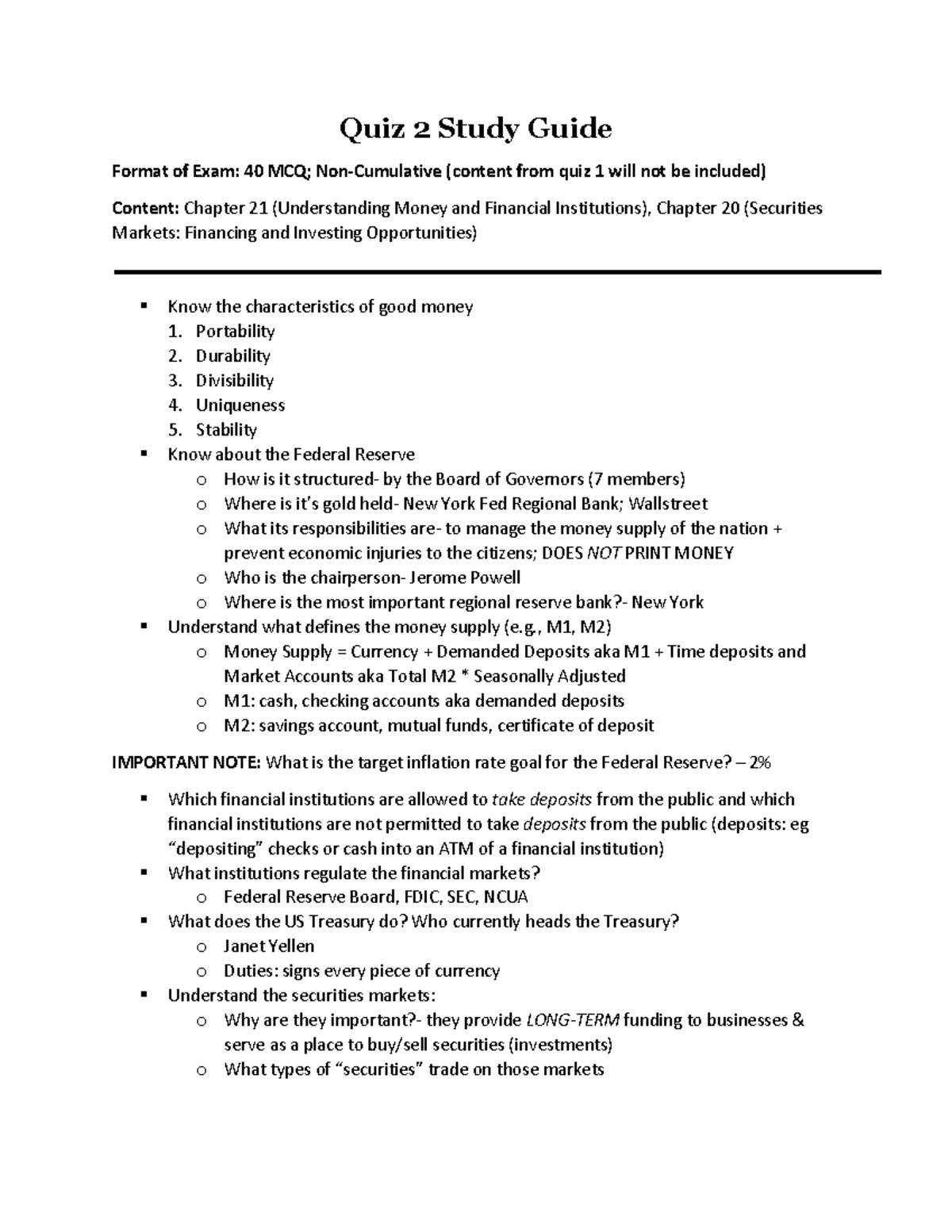 BUS 2000 Quiz 2 Study Guide - Quiz 2 Study Guide Format Of Exam: 40 MCQ ...